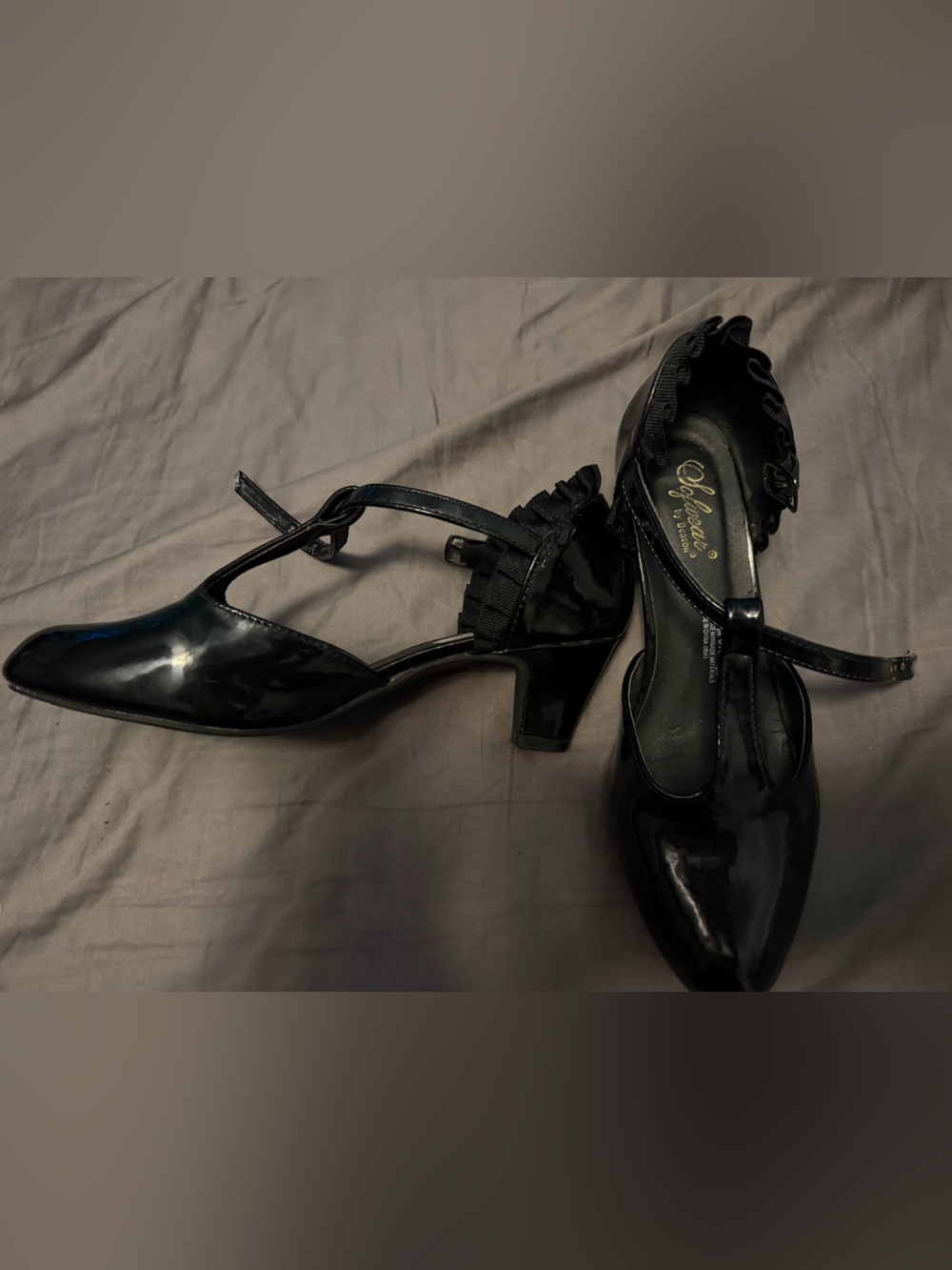 The cutest black patent kitten heels by Beacon Softwear